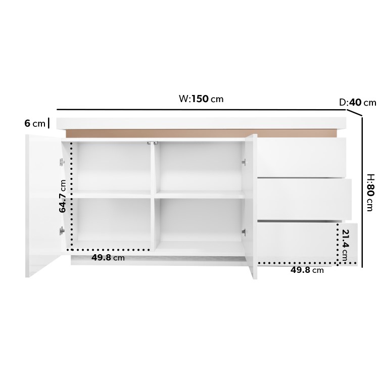 Large White High Gloss Sideboard with Brass Inlay - Vivienne