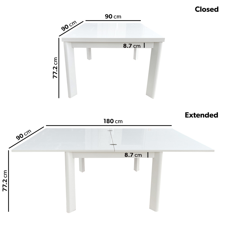 Small White Gloss Square Extendable Dining Table - Seats 2 - 6 - Vivienne