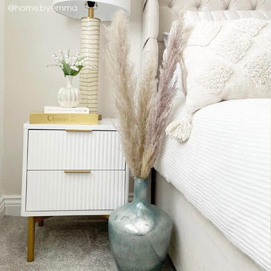 Modern Ribbed White High Gloss 2 Drawer Bedside Table - Valencia