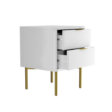 Modern Ribbed White High Gloss 2 Drawer Bedside Table - Valencia