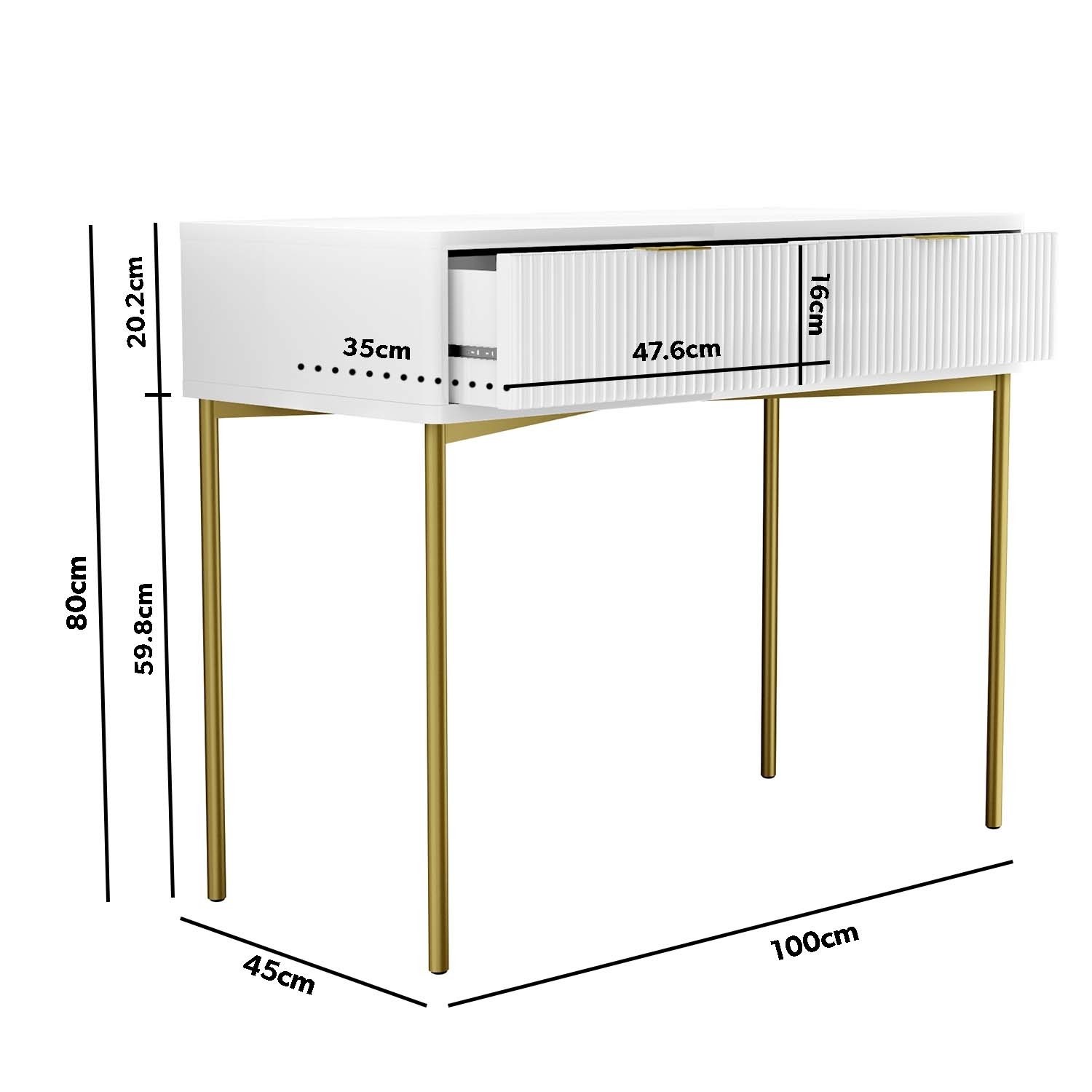 High Gloss White and Gold Dressing Table with 2 Drawers - Valencia
