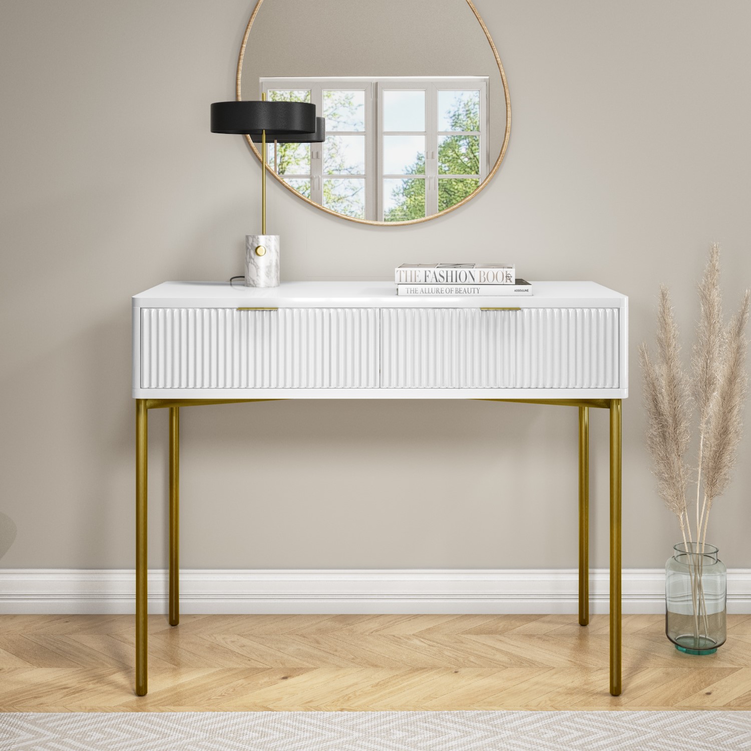 White and Gold High Gloss Dressing Table with 2 Drawers - Valencia - Page 1 - - BuyItDirect.ie White and Gold High Gloss Dressing Table with 2 Drawers - Valencia - Page 1 - - BuyItDirect.ie