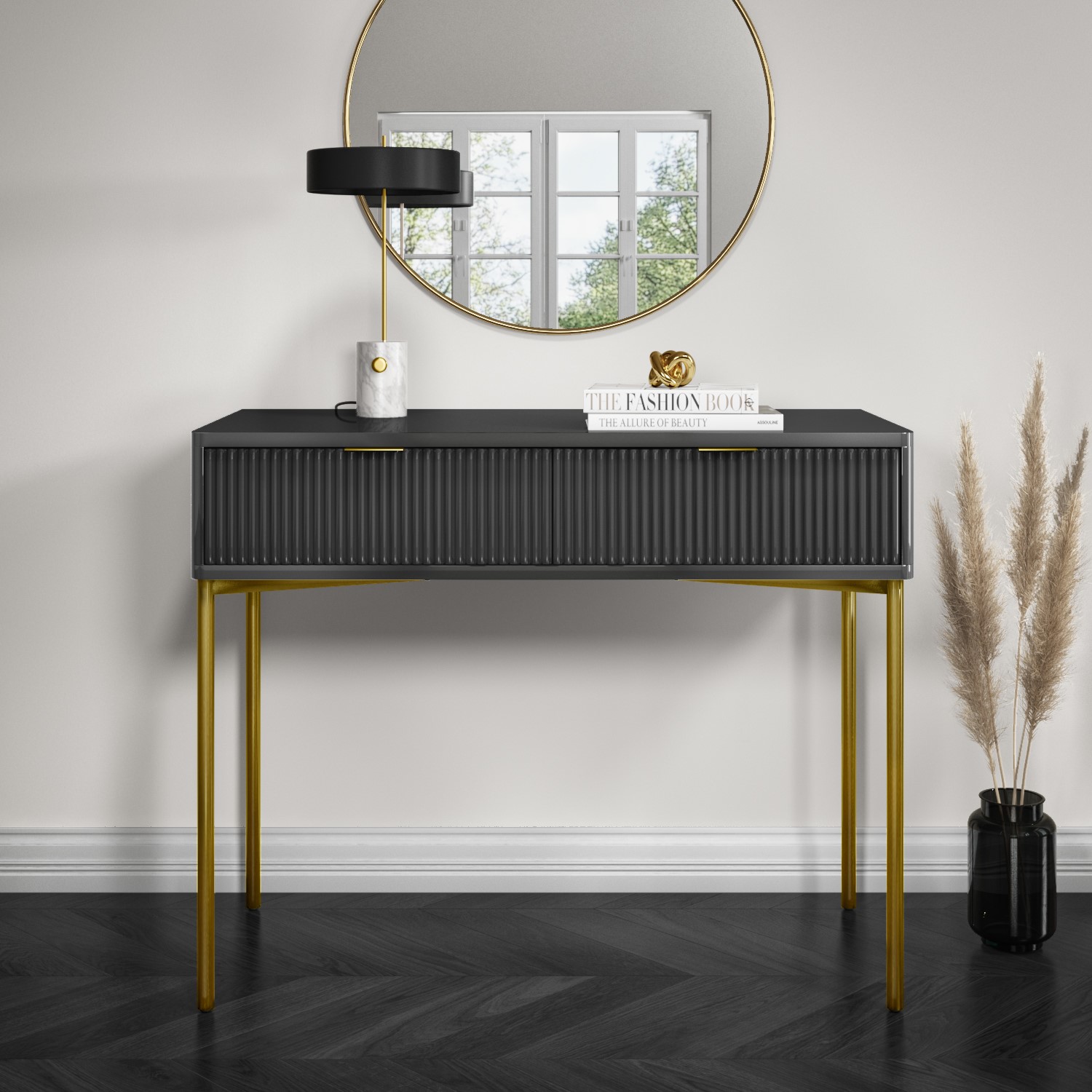 Dark Grey High Gloss Dressing Table with 2 Drawers - Valencia - Page 1 - - BuyItDirect.ie Dark Grey High Gloss Dressing Table with 2 Drawers - Valencia - Page 1 - - BuyItDirect.ie