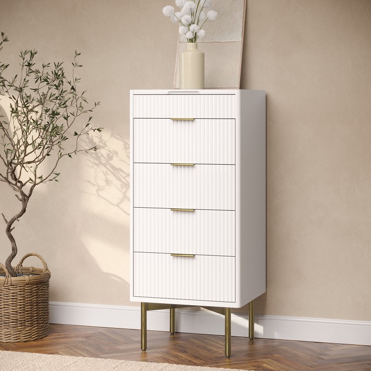 Tall Narrow White High Gloss Chest of 4 Drawers with Mirror - Valencia