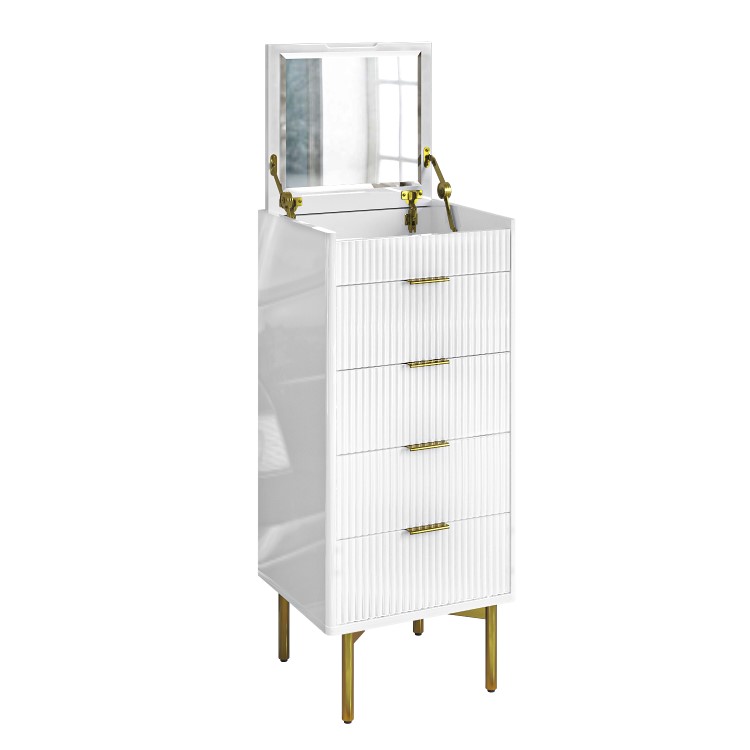 Tall Narrow White High Gloss Chest of 4 Drawers with Mirror - Valencia