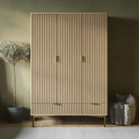 Oak and Gold Ribbed 3 Door Triple Wardrobe with 2 Drawers - Valencia Oak and Gold Ribbed 3 Door Triple Wardrobe with 2 Drawers - Valencia