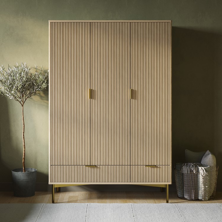Oak and Gold Ribbed 3 Door Triple Wardrobe with 2 Drawers - Valencia