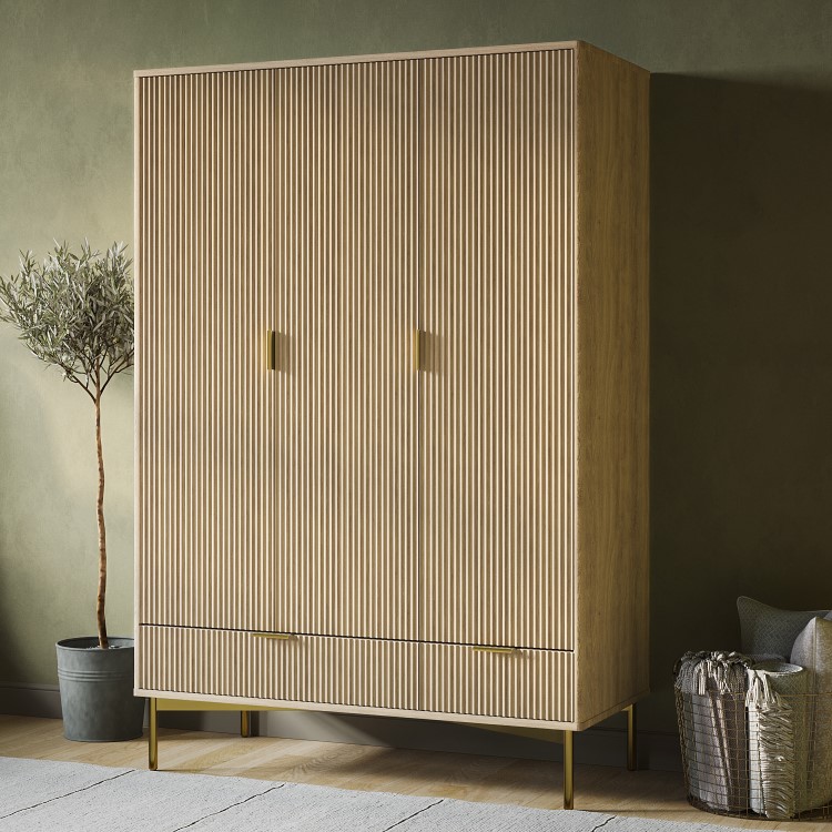 Oak and Gold Ribbed 3 Door Triple Wardrobe with 2 Drawers - Valencia