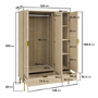 Oak and Gold Ribbed 3 Door Triple Wardrobe with 2 Drawers - Valencia