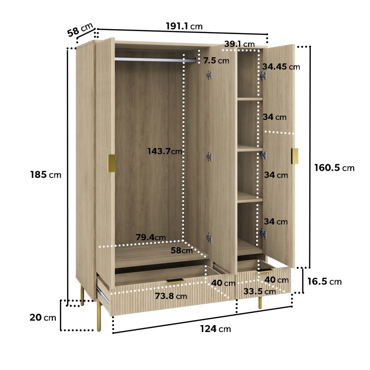 Oak and Gold Ribbed 3 Door Triple Wardrobe with 2 Drawers - Valencia