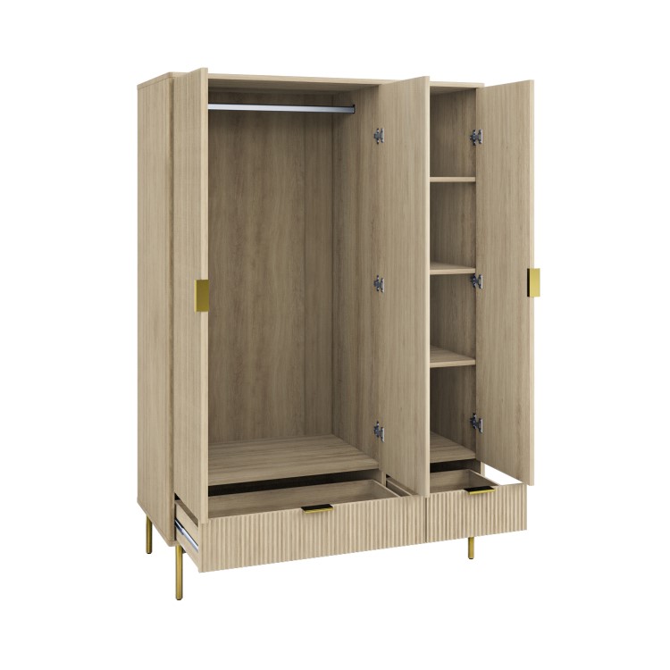 Oak and Gold Ribbed 3 Door Triple Wardrobe with 2 Drawers - Valencia