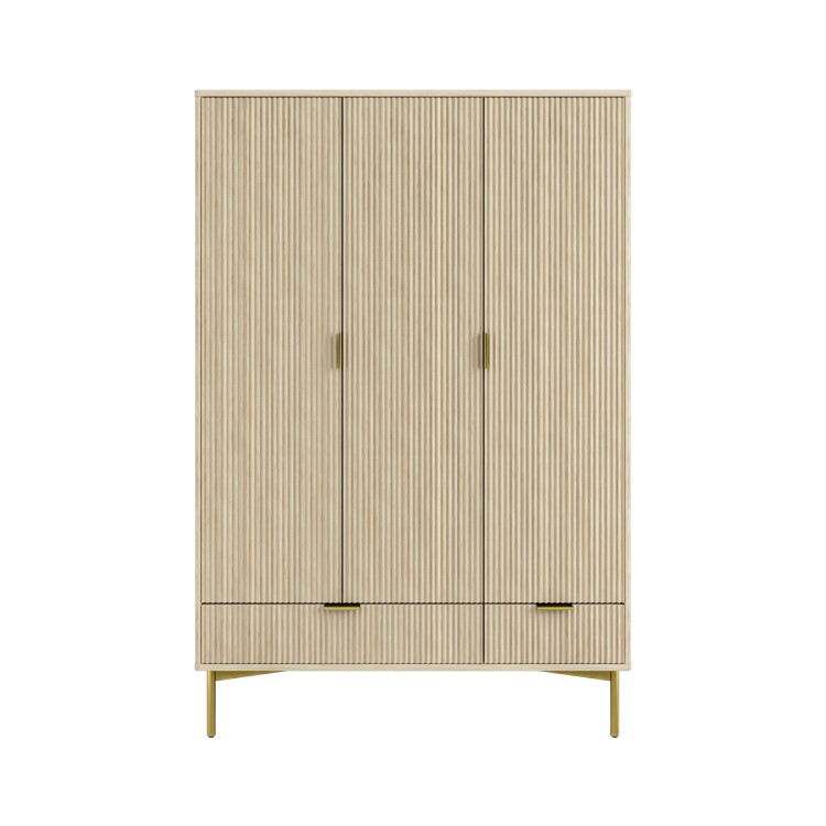 Oak and Gold Ribbed 3 Door Triple Wardrobe with 2 Drawers - Valencia