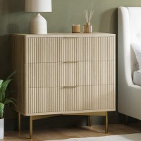 Oak and Gold Ribbed Chest of 3 Drawers - Valencia Oak and Gold Ribbed Chest of 3 Drawers - Valencia