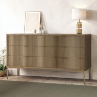Wide Dark Wood Ribbed 6 Drawer Chest of Drawers with Bronze Legs - Valencia