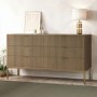 Wide Dark Wood Ribbed Chest of 6 Drawers with Gold Legs - Valencia