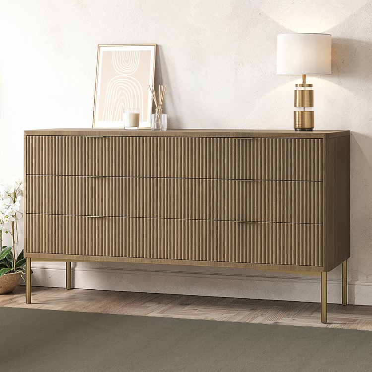 Wide Dark Wood Ribbed Chest of 6 Drawers with Gold Legs - Valencia