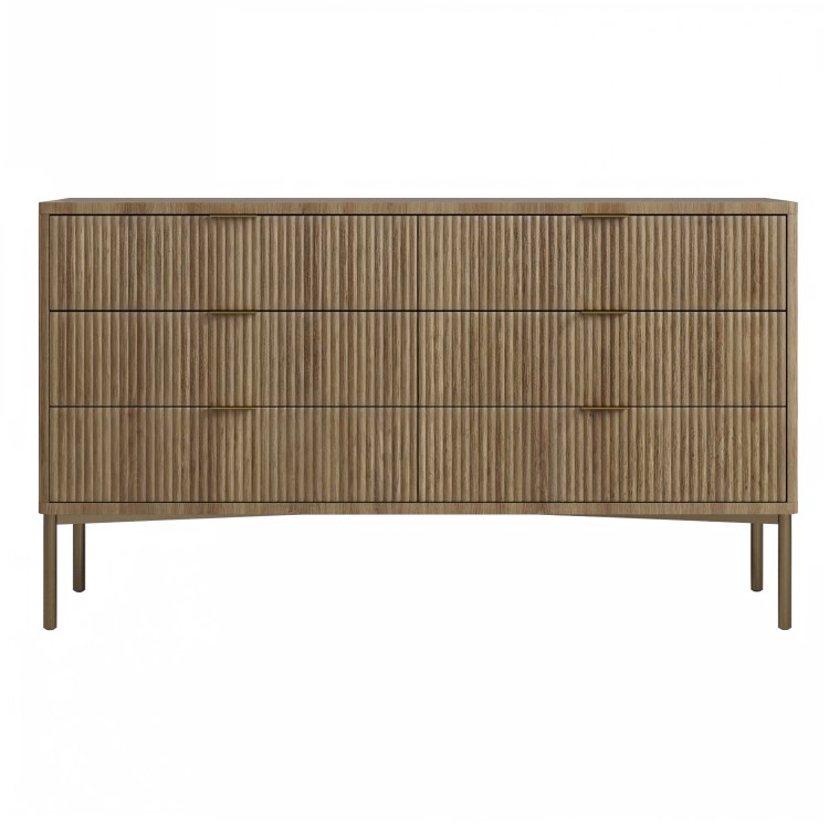 Wide Dark Wood Ribbed Chest of 6 Drawers with Gold Legs - Valencia