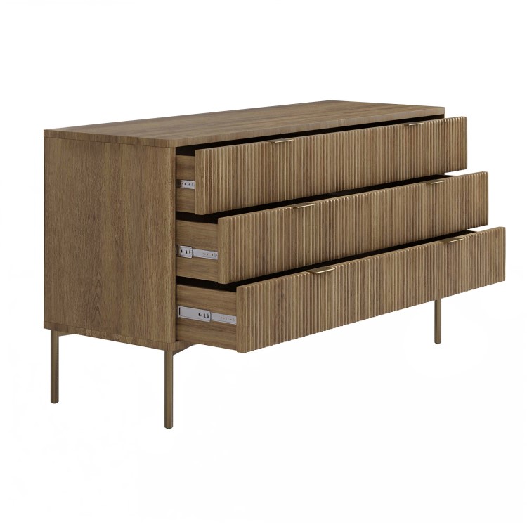 Wide Dark Wood Ribbed Chest of 6 Drawers with Gold Legs - Valencia