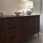 Wide Dark Wood Ribbed Chest of 6 Drawers with Gold Legs - Valencia
