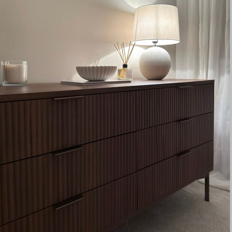 Wide Dark Wood Ribbed Chest of 6 Drawers with Gold Legs - Valencia