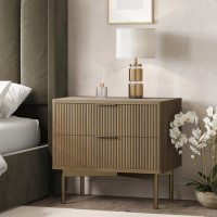 Wide Dark Wood and Gold Ribbed 2 Drawer Bedside Table - Valencia Wide Dark Wood and Gold Ribbed 2 Drawer Bedside Table - Valencia