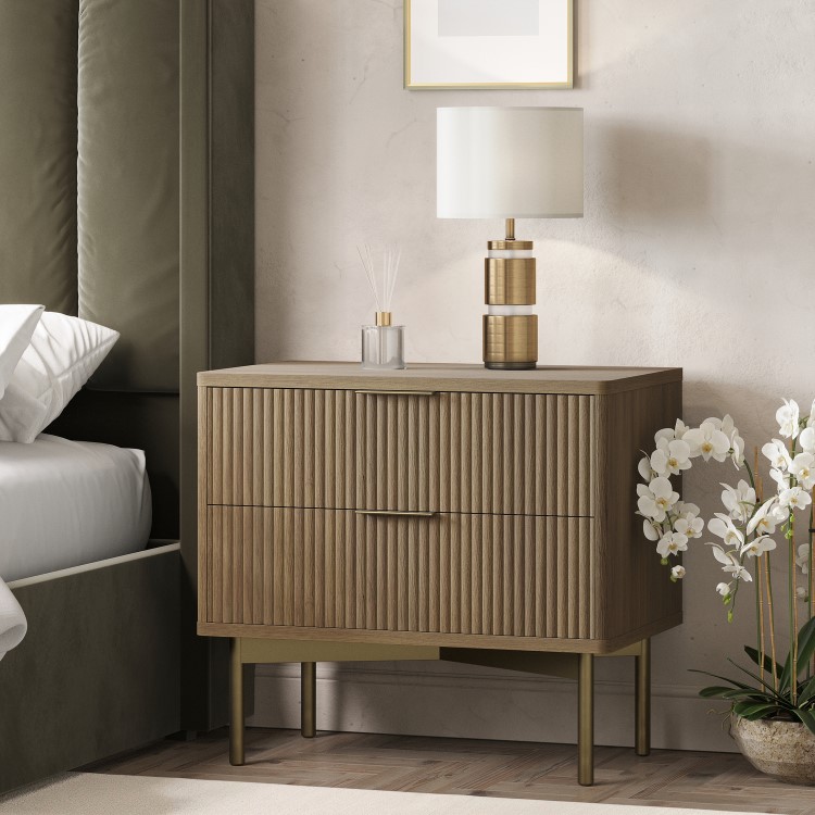 Wide Dark Wood and Gold Ribbed 2 Drawer Bedside Table - Valencia
