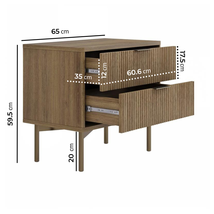 Wide Dark Wood and Gold Ribbed 2 Drawer Bedside Table - Valencia