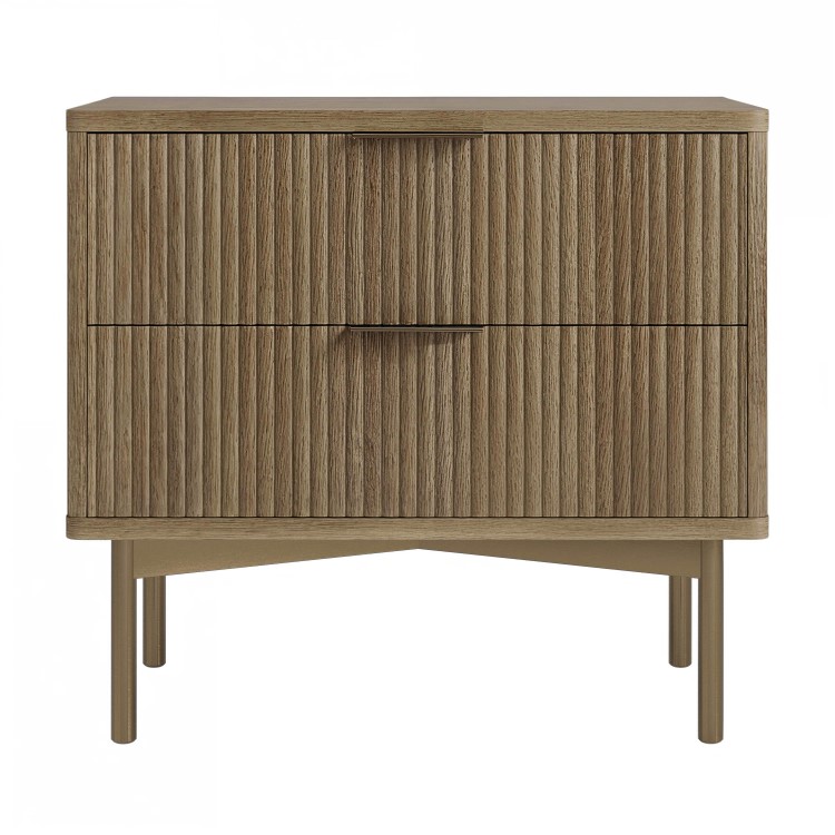 Wide Dark Wood and Gold Ribbed 2 Drawer Bedside Table - Valencia