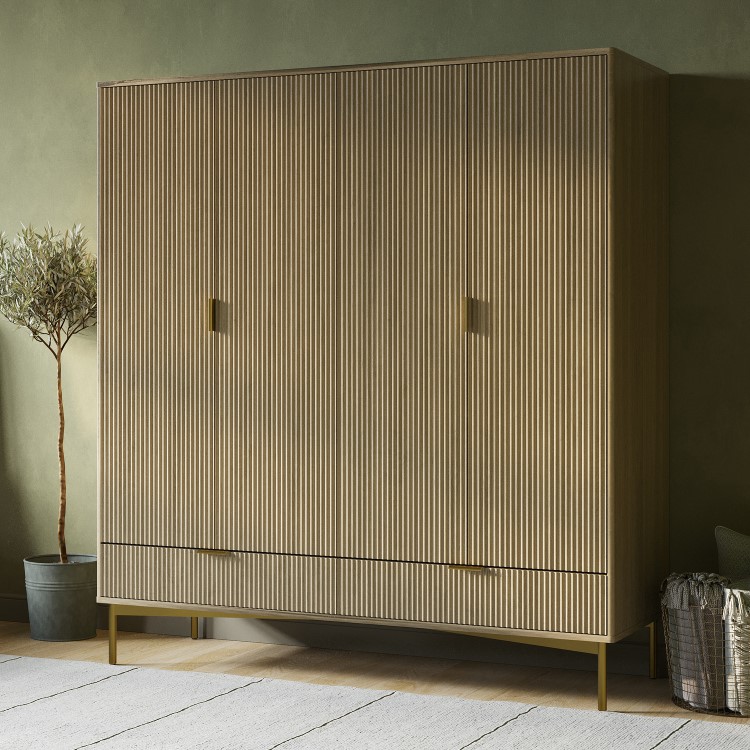 Light Oak Ribbed 4 Door Wardrobe with 2 Drawers - Valencia 