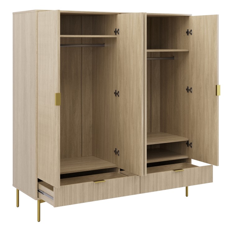 Light Oak Ribbed 4 Door Wardrobe with 2 Drawers - Valencia 