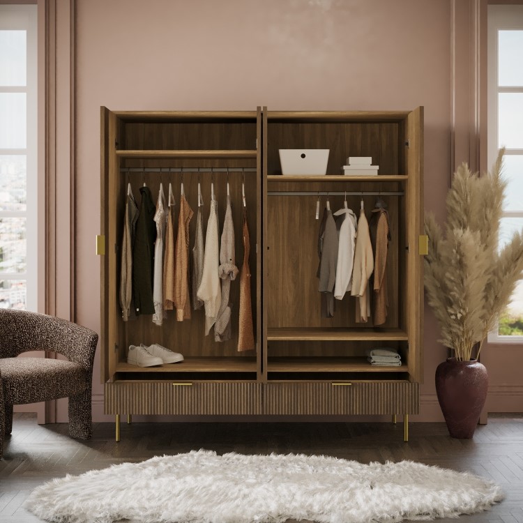 Dark Oak Ribbed 4 Door Wardrobe with 2 Drawers - Valencia 