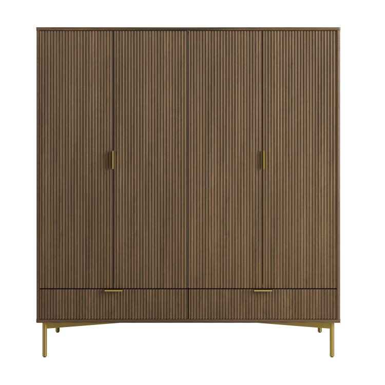 Dark Oak Ribbed 4 Door Wardrobe with 2 Drawers - Valencia 
