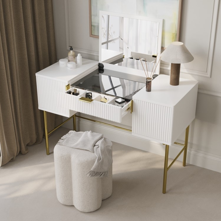 White Ribbed Dressing Table with Storage and Fold-Out Mirror - Valencia 
