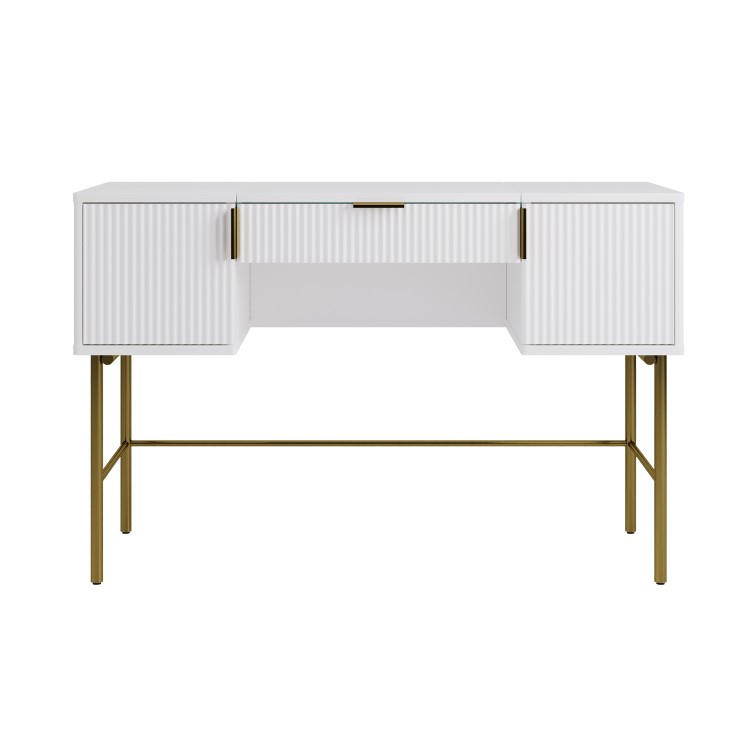 White Ribbed Dressing Table with Storage and Fold-Out Mirror - Valencia 