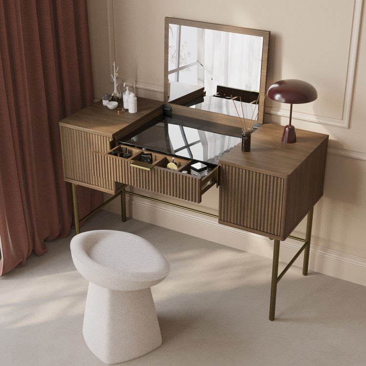 Dark Oak Ribbed Dressing Table with Storage and Fold-Out Mirror - Valencia 