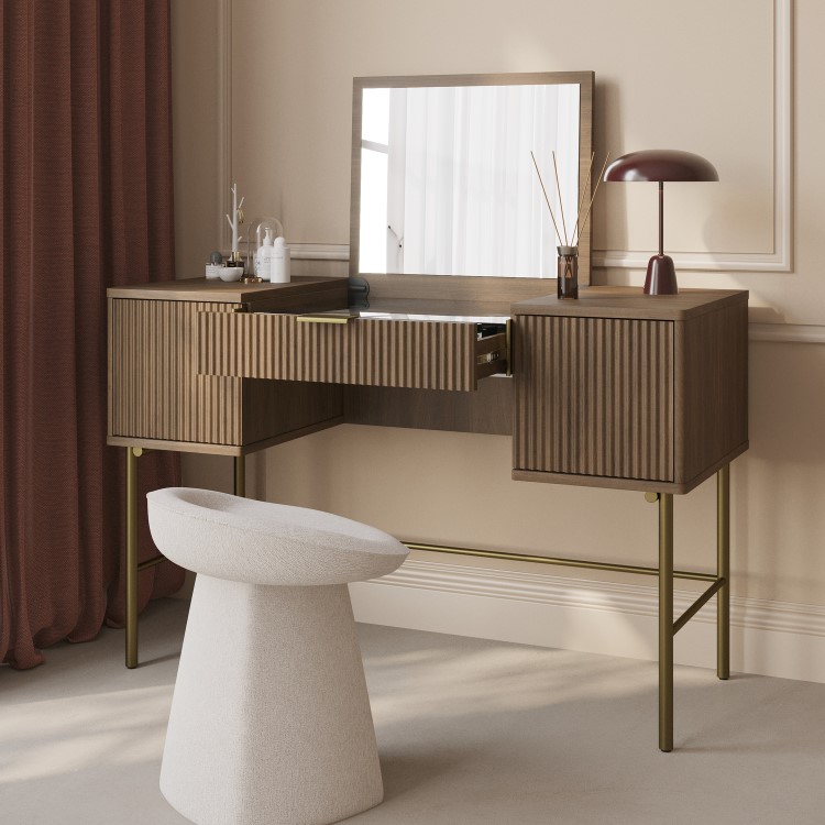 Dark Oak Ribbed Dressing Table with Storage and Fold-Out Mirror - Valencia 