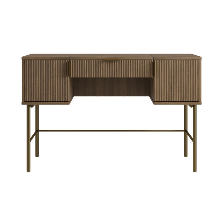 Dark Oak Ribbed Dressing Table with Storage and Fold-Out Mirror - Valencia 