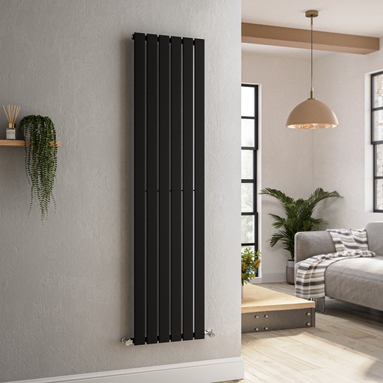 GRADE A1 - Riace Midnight Black Vertical Flat Designer Radiator 1600x408mm Single Panel 2442 BTU