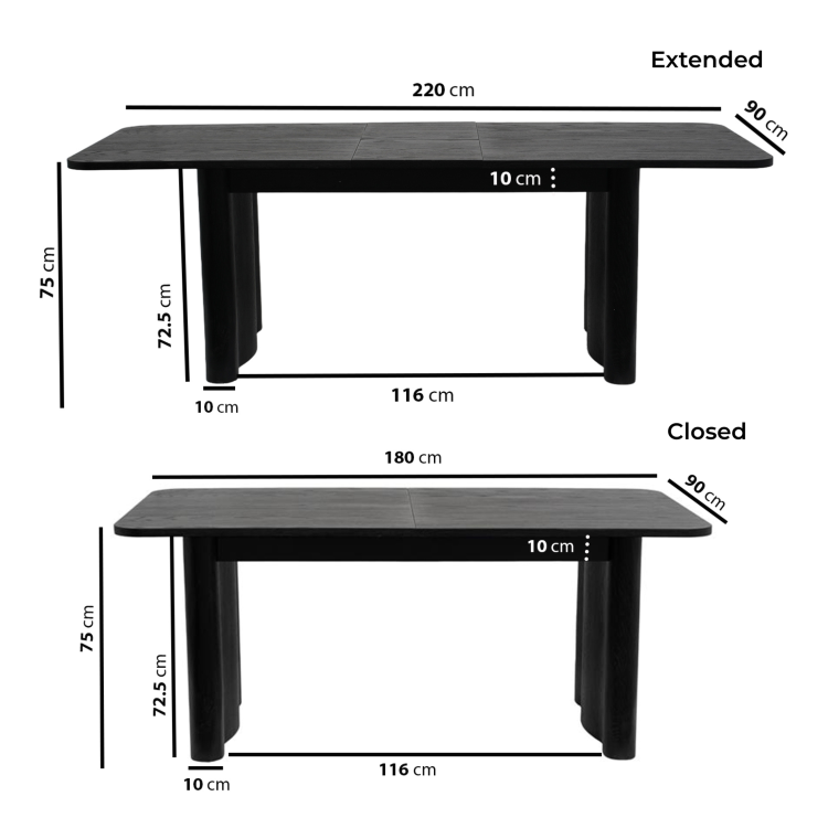 Large Black Oak Extendable Dining Table - Seats 6 - 8 - Wave