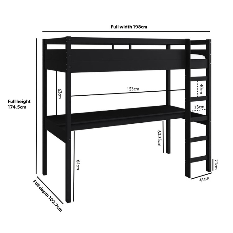 High Sleeper Loft Bed with Desk in Black - Wyatt