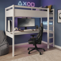 High Sleeper Loft Gaming Bed with Desk in White - Wyatt