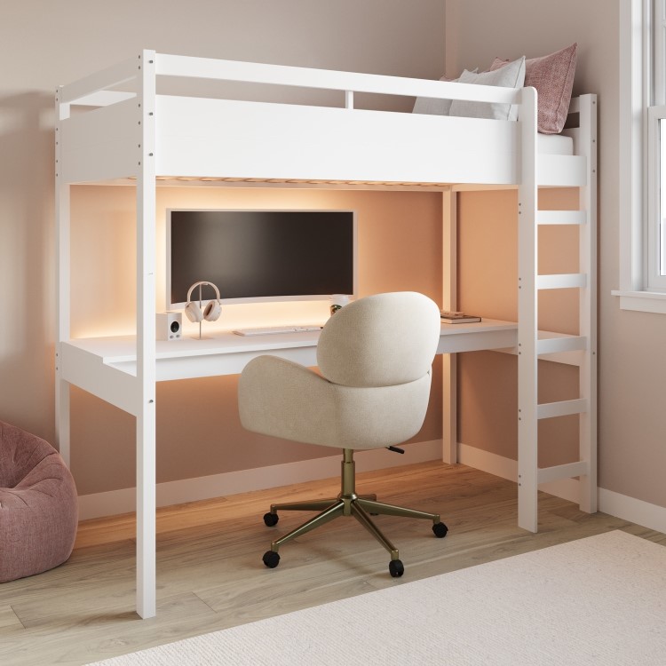 High Sleeper Loft Gaming Bed with Desk in White - Wyatt
