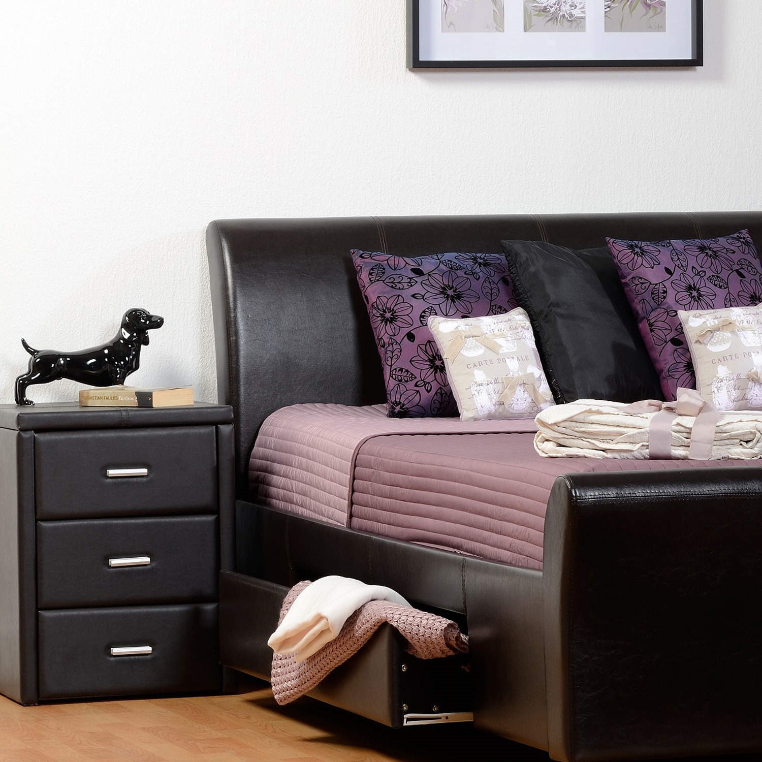 Seconique Prado Black Faux Leather 3 Drawer Bedside Table Buy It