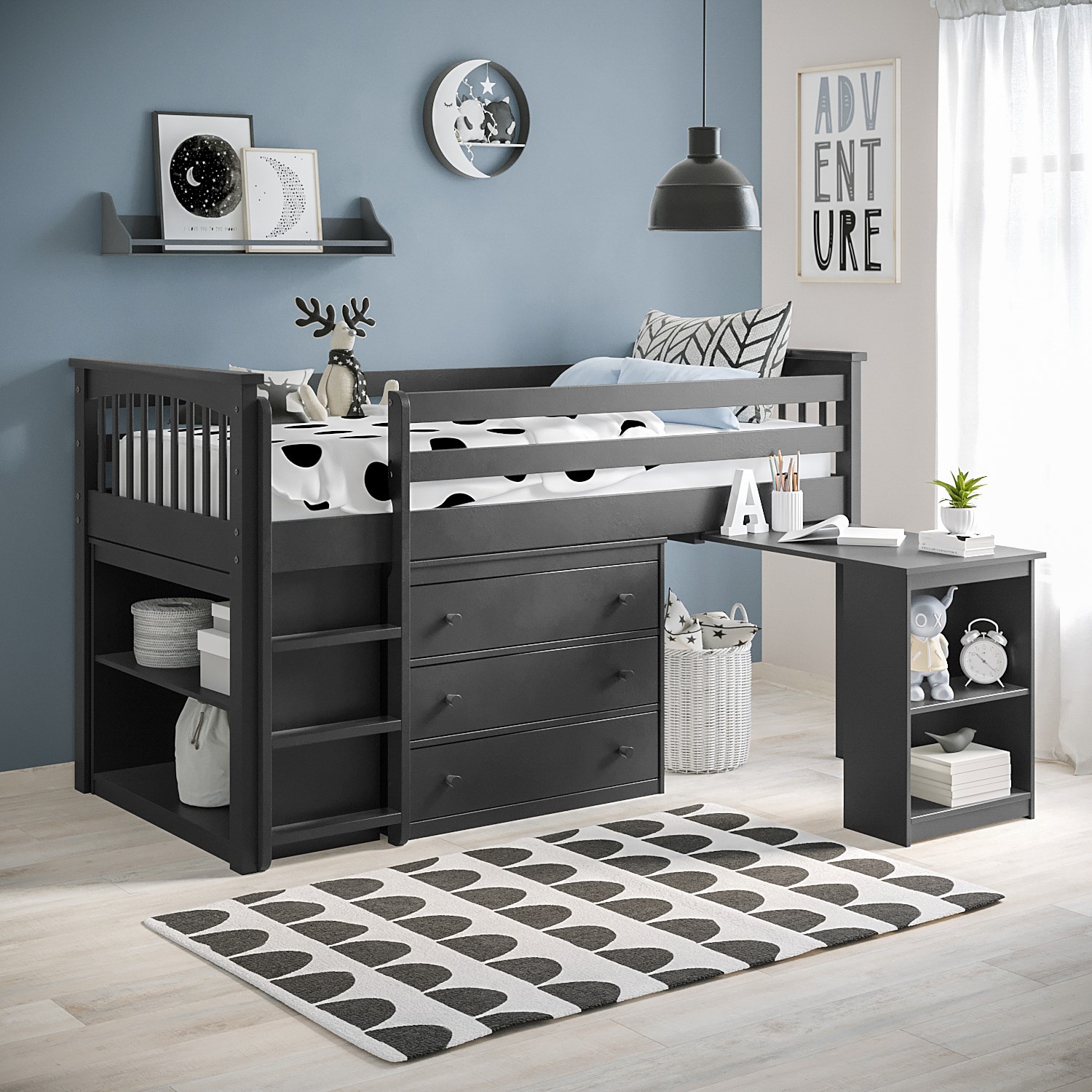 Grey Wooden Mid Sleeper Bed with Desk and Storage - Windermere