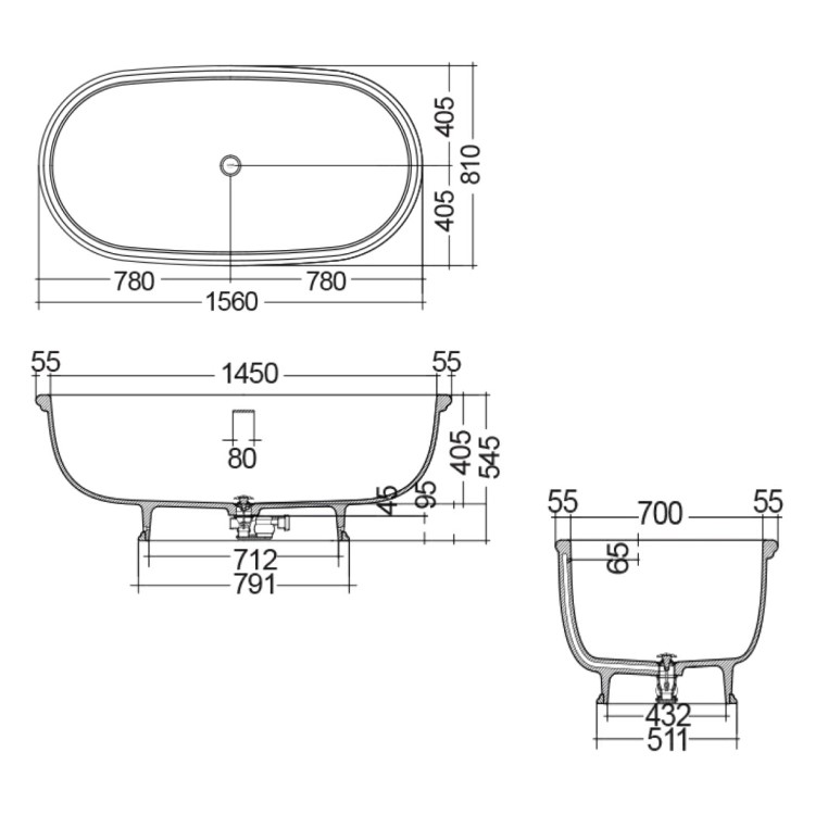 Greige Freestanding Double Ended Bath 1560 x 810mm - RAK Ceramics