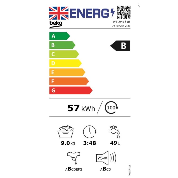 Refurbished Beko RecycledTub WTL94151B Freestanding 9KG 1400 Spin Washing Machine Black