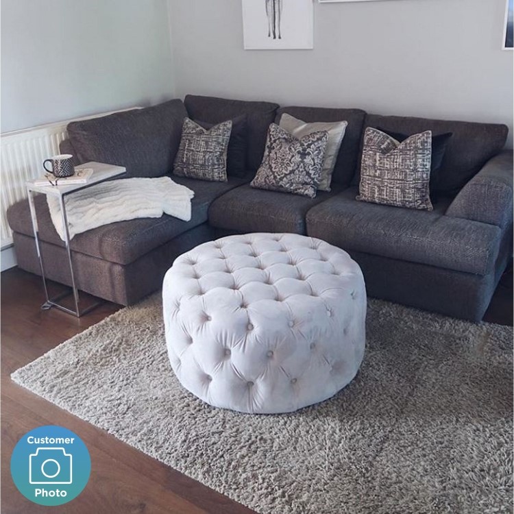 Xena Large Buttoned Footstool in Light Grey Velvet