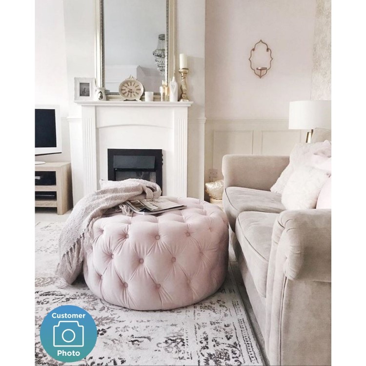 Xena Large Buttoned Footstool in Baby Pink Velvet