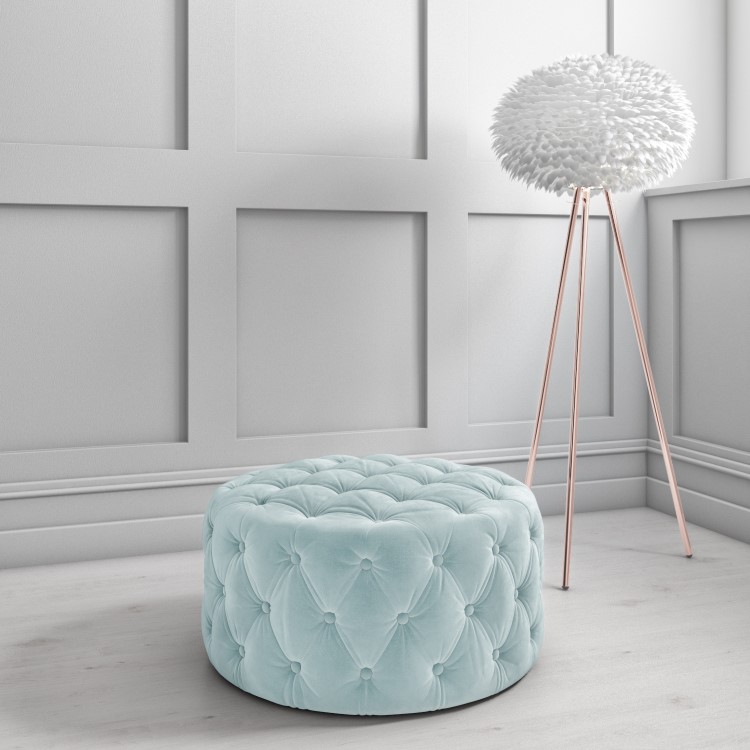 Xena Large Quilted Button Pouffe in Light Duck Egg Blue Velvet
