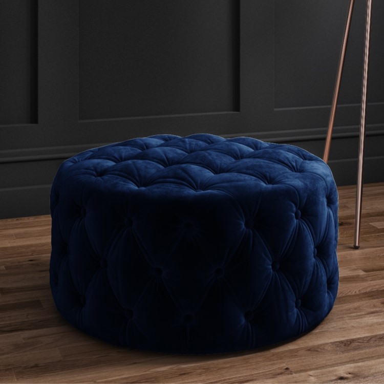 Xena Large Buttoned Footstool in Navy Velvet 